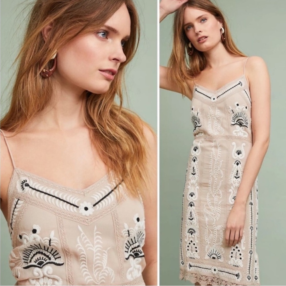 Anthropolgie’s Maeve $178 Women M Strappy Dress Boho Embroidered Slip Sheath Tan